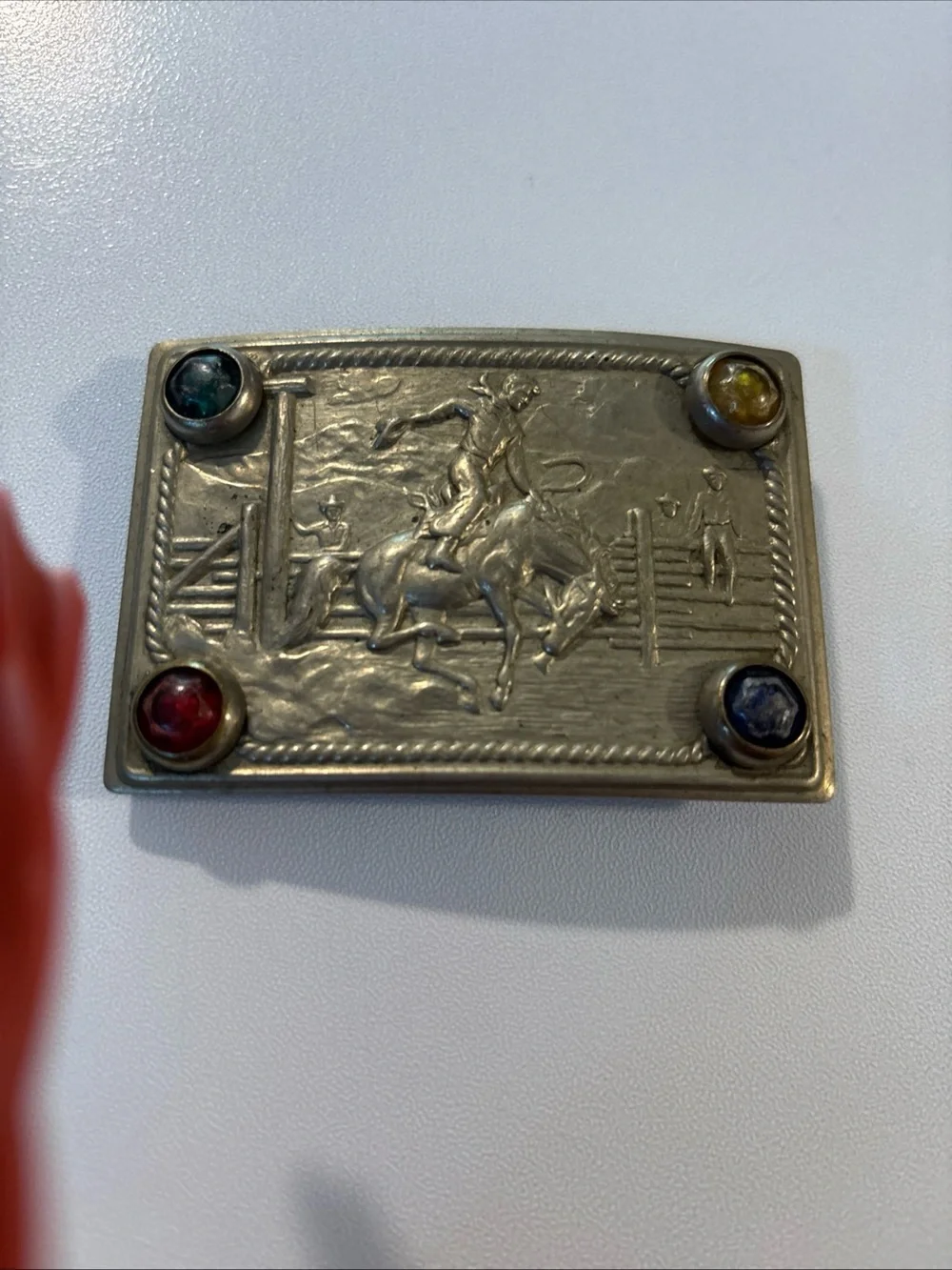 Vintage Western Motif Belt Buckle with Multicolor Stones 1940s? Cowboy